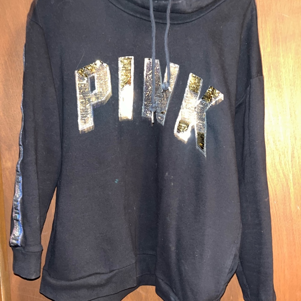 Black Hoodie with Gold and silver reversible Sequin Lettering PINK
